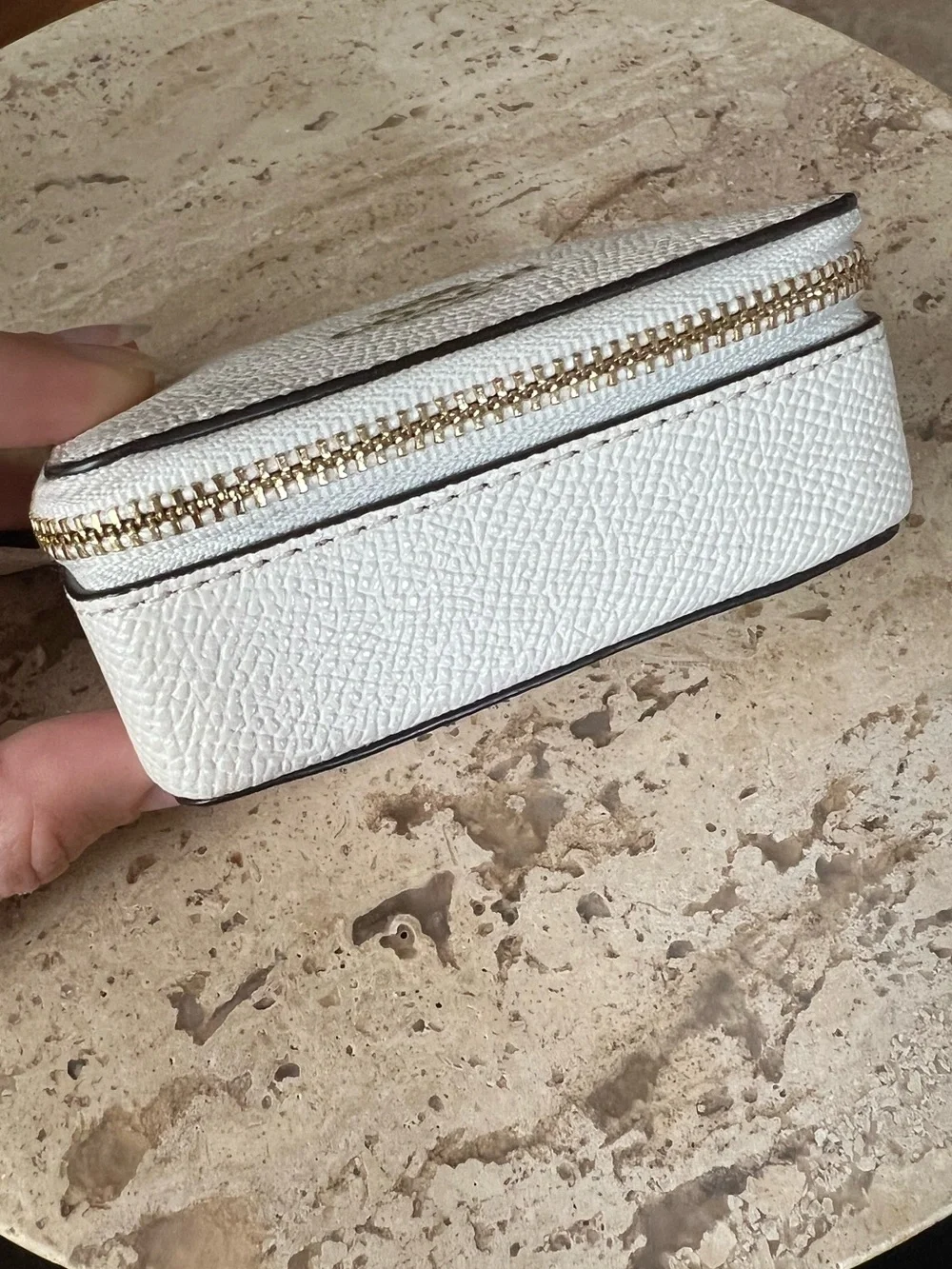 Coach White Pebbled Leather Travel Zip Pill Case with Gold Logo